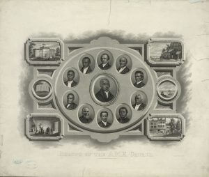 Bishops of the African Methodist Episcopal Church, ca. 1876. Lithograph of Richard Allen and other A.M.E bishops by J.H. Daniels. Courtesy of the Library of Congress Prints and Photographs Division, loc.gov/pictures/resource/pga.03643/.