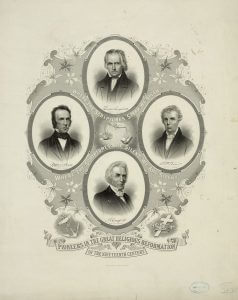 Pioneers in the great religious reformation of the nineteenth century, ca. 1885. Engraving by John Chester Buttre featuring portraits of Thomas Campbell, B.W. Stone, Walter Scott, and A. Campbell. Library of Congress Prints and Photographs Division, www.loc/gov/pictures/item/98508288/.