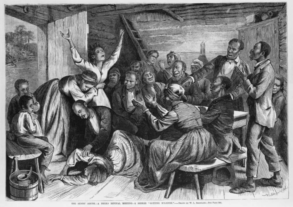 The Sunny South, a negro revival meeting, a seeker "getting religion." Wood engraving by William Luddell Sheppard reproduced in Frank Leslie's illustrated newspaper, August 9, 1873. Library of Congress Prints and Photographs Collection, hdl.loc.gov/loc.pnp/cph.3c17140.