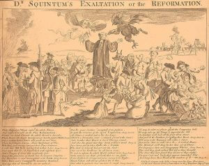Dr. Squintum's exaltation or the reformation, London, England, 1763. Cartoon engraving depicting Reverend George Whitefield preaching. Courtesy of the Library of Congress Prints and Photographs Division, loc.gov/pictures/resource/ppmsc.00263/.