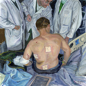 The Assessment (Spc. Nick Weishaar), 2012, Oil on board by Victor Juhasz. Reproduced by permission of 