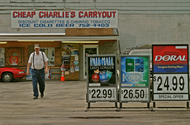 Some twenty-seven percent of West Virginians smoke. Tobacco products are aggressively marketed in the region. Switzer, Logan County, WV, 2005.