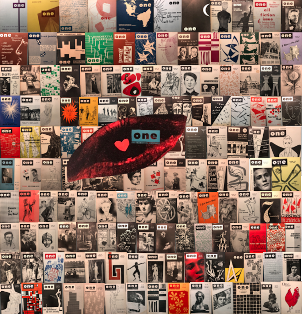Collage of all ONE Magazine covers located in the Don Kelly Collection. Collage and all photographs by Eric Solomon, 2018. Images courtesy of the Don Kelly Collection, Cushing Memorial Library & Archives, Texas A&M University, 2018.
