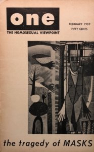 Cover of ONE Magazine, February 1959. Photograph by Eric Solomon, 2018. Courtesy of the Don Kelly Collection, Cushing Memorial Library & Archives, Texas A&M University.