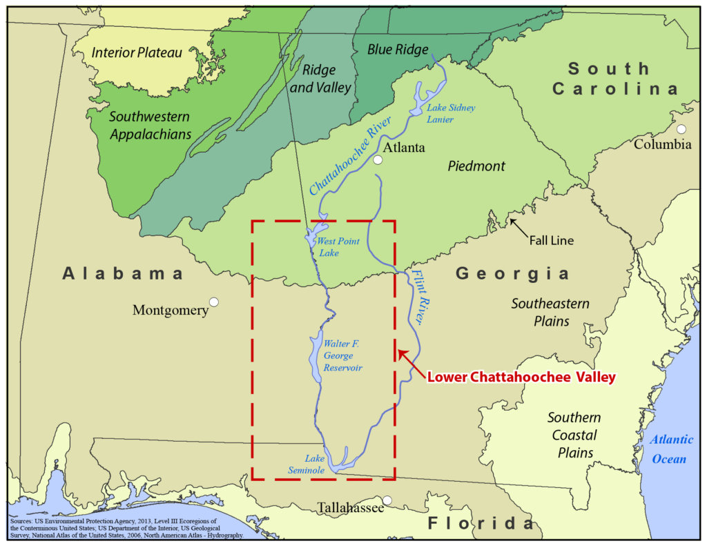 Map showing the Lower Chattahoochee Valley within the context of the southeastern ecoregions (as defined by the US Environmental Protection Agency). Map created by Stephanie Bryan, 2020. Courtesy of Southern Spaces.