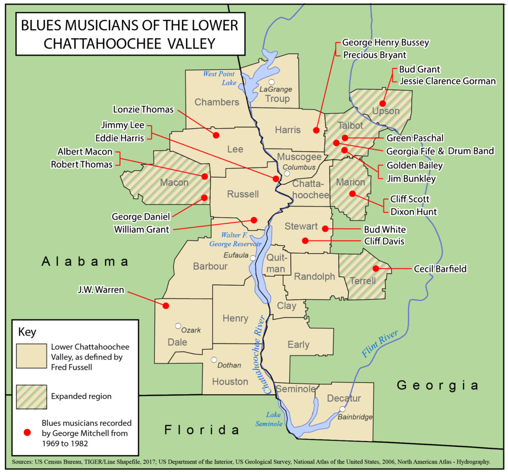 Blues Musicians of the Lower Chattahoochee Valley. Map created by Steve Bransford and Stephanie Bryan, 2020. Courtesy of Southern Spaces.