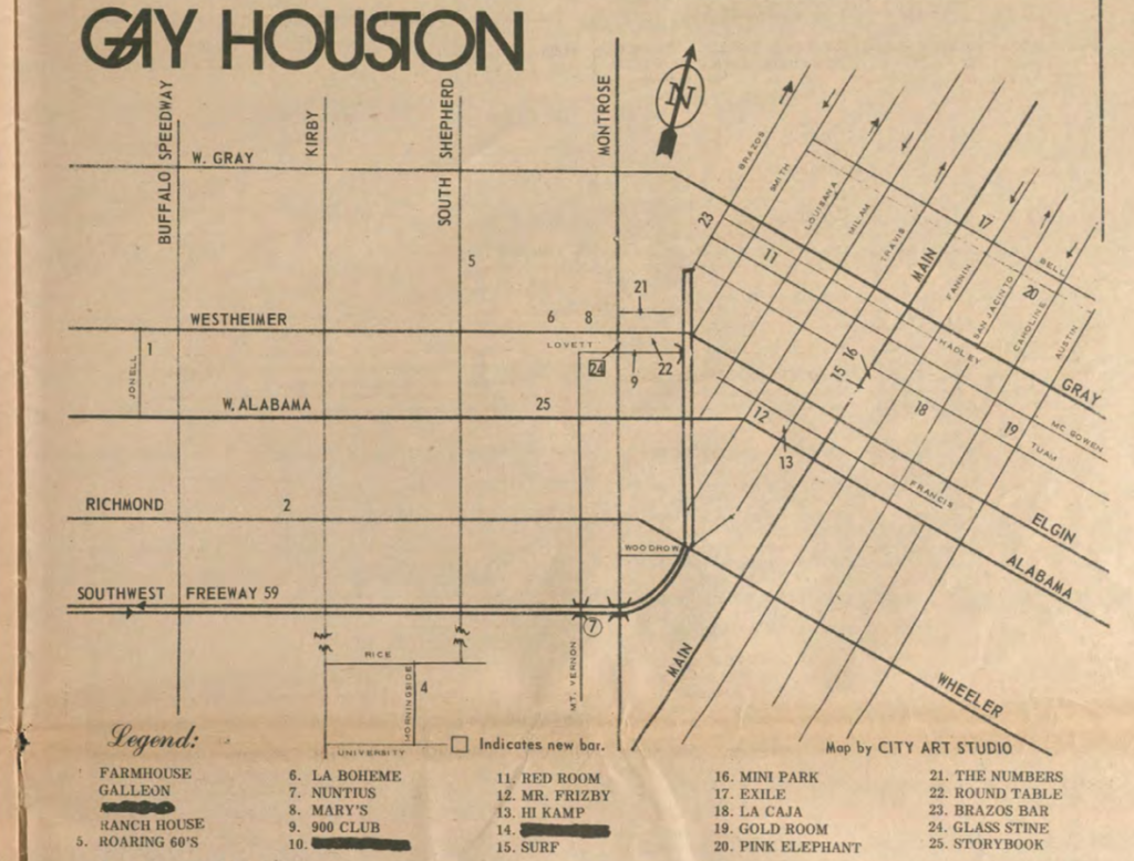Scan of magazine showing a street map with the title "GAY HOUSTON." Clubs are indicated on the map.