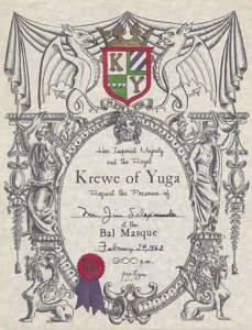 Krewe of Yuga bal masque invitation, New Orleans, LA, February 24, 1962
