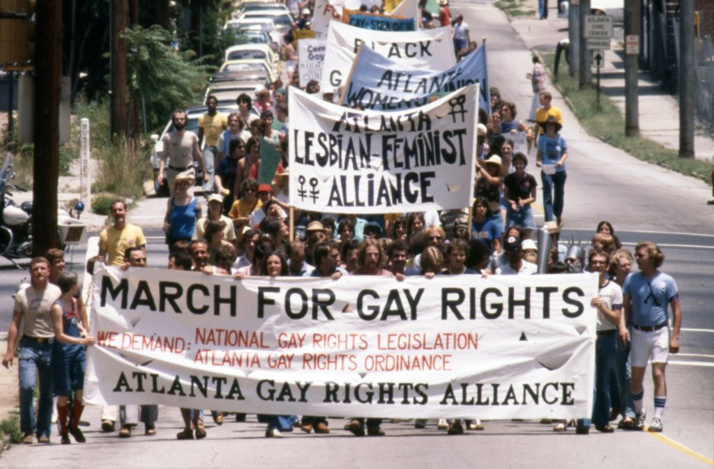 Atlanta Gay Rights Alliance and others leading the Pride parade, Atlanta, Georgia, June 27, 1977