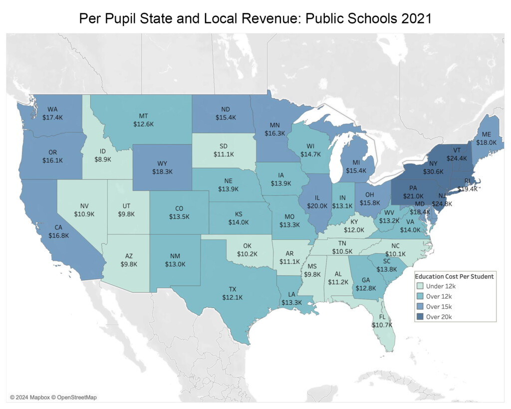 Per Pupil State and Local Revenue: Public Schools, 2021. Dataset by Steve Suitts. Map by Kaelyn McAdams and Steve Suitts, 2024.