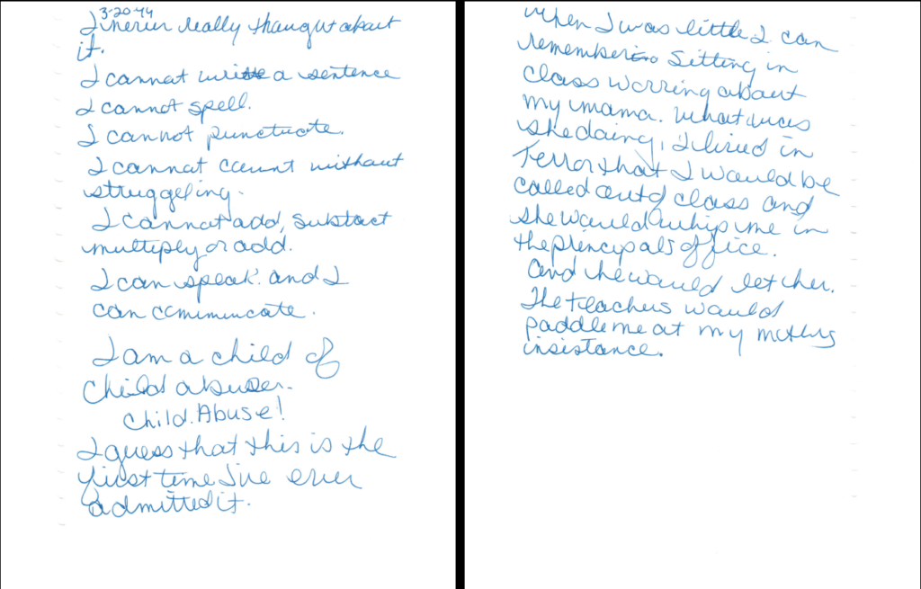 Scan of a journal entry. Entry is written in cursive in blue ink. Entry discusses being a child of child abuse and cognitive difficulties.
