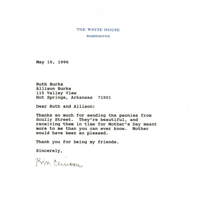 Typed letter from Bill Clinton to Ruth Burks in which he thanks her for sending flowers for Mother's Day.