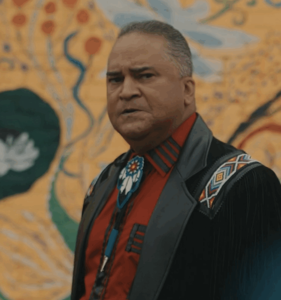Portrait photo of "Dock" played by Harvey Godwin in contemporary Native clothing.
