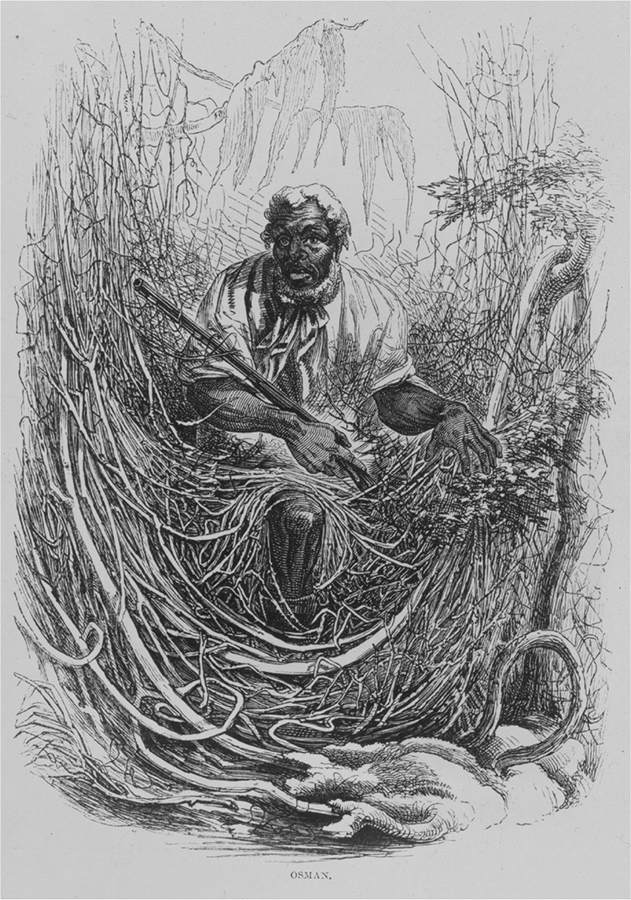 Black man pushing his way through a swampy landscape.