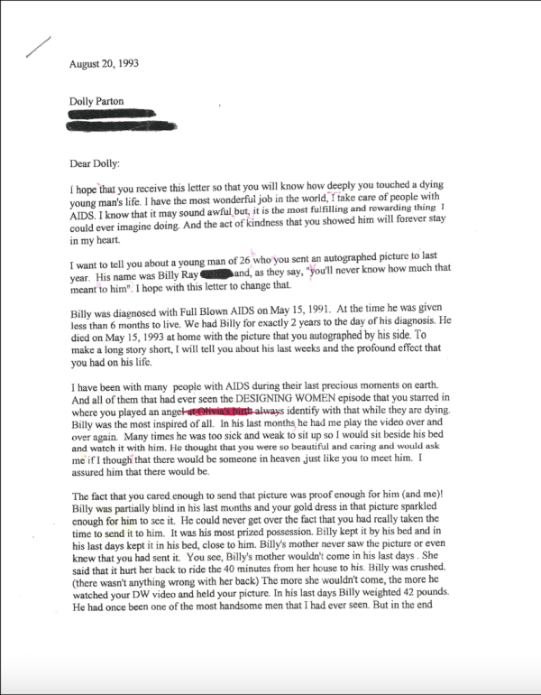 Typed draft letter to Dolly Parton from Ruth Burks in which Burks tells Parton about Billy and thanks her for sending a picture of herself to him.