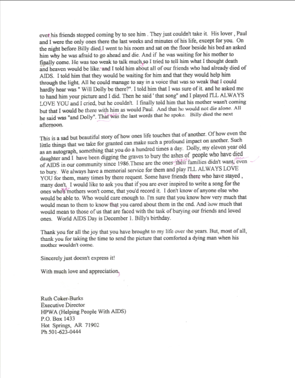 Page two of typed draft letter to Dolly Parton from Ruth Burks.